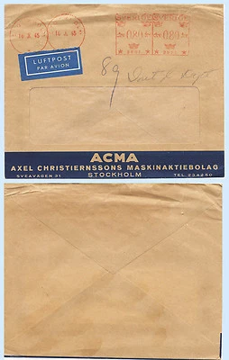 Sweden 1945 Red Meter Stamp Airmail ACMA Advertising Cover to USA - Image 1 of 2