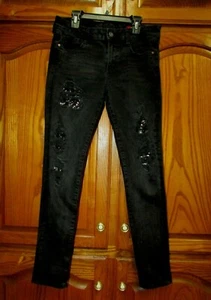 ARIZONA JRS SZ 9 X 28" FADED BLK SEQUINED RIPPED SUPER SKINNY STRETCH JEANS EUC - Picture 1 of 9
