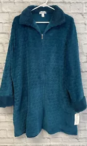 Miss Elaine Robe womens XL fur trim teal NEW full zip embossed mid length pocket - Picture 1 of 10