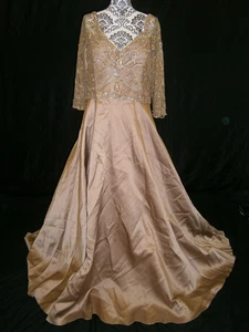 MGNY Wedding Formal Dress Gown 16 Gold Satin V Illusion Beaded Sleeves NWOT - Picture 1 of 13
