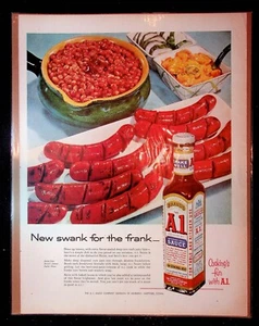 1950er Jahre A.1. Sauce Hot Dogs & gebackene Bohnen ""Neu Swank"" Foto Kunst Vintage Druck Anzeige - Bild 1 von 1