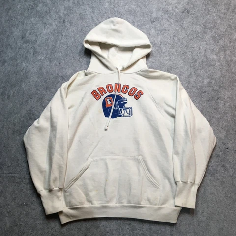 Vintage Logo 7 Denver Broncos Hoodie Mens Large L White Pullover Old Big D Logo Cover