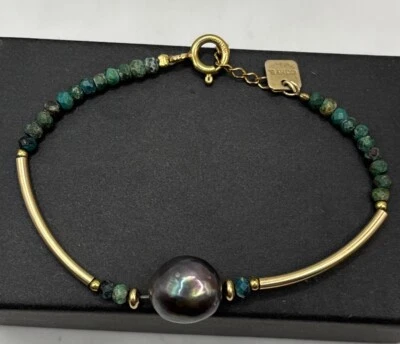 Pulsera rellena 14k YG, perla de pavo real, piedras preciosas azules/verdes y cuentas de tubo Cathy B Foto 1 de 4