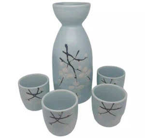 Japanese 5 pc. Sake Sky Blue Cherry Blossom Gift Set - Picture 1 of 5