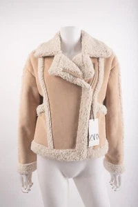 Zara Womans Jacket Coat XS Tan Faux Suede Faux Sherpa Double Face 6318/242 NWT - Picture 1 of 6