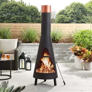 67” Tall round Powder-Coated-Black Finish Steel Wood Burning Chiminea - Picture 1 of 12
