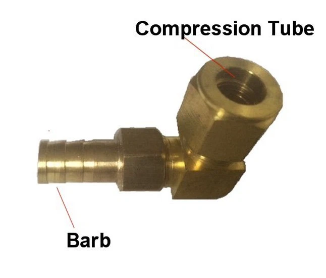 Compression to Barb 3/8" OD Tube to 3/8" Hose ID Fitting Adapter Elbow 90 Deg - Image 1 of 1
