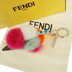FENDI Ice Cream Bag Charm Key Chain Fox Fur Leather White Accessory 61MT814