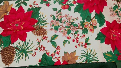 Fabric Red Rooster Christmas Pine Cone Red Poinsettias Pink Blossoms $2.50 - Image 1 of 4