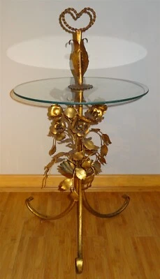 MidCentury Hollywood Regency Italian Gold Tole Roses Glass Top Cocktail Table - Image 1 of 4