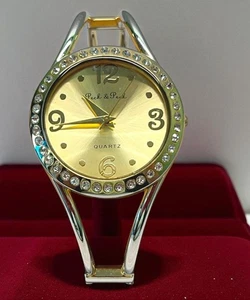 Womens Bracelet Watch Cuff Peck & Peck Light Gold Tone w/ Rhinestone Accents - Picture 1 of 8