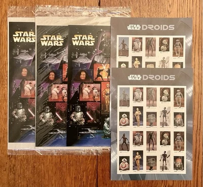 Estampillas de Estados Unidos de Star Wars 5 hojas completas 30 aniversario - droides franqueo MNH USPS Foto 1 de 4