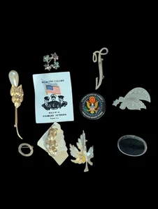 10 Lot Vintage Silver Gold Tone Pins Brooches Flag Leaf Bear Stones Desert Storm - Picture 1 of 5
