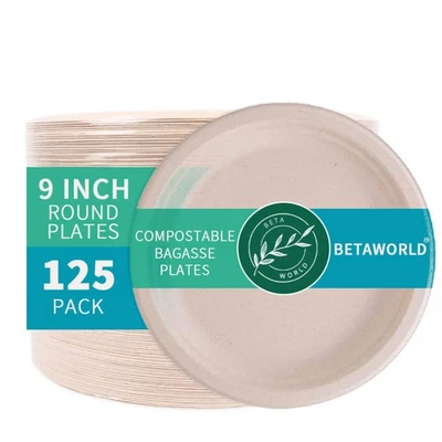 Compostable Paper Plates 9” – 125 Pack | Heavy Duty Sugarcane Bagasse | Micro... - Image 1 of 4