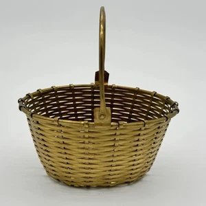 Vintage Solid Brass Woven Basket w/ Handle 5” Made in India Boho Decor Bowl - Picture 1 of 14