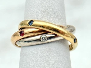 Vintage 18k Tri Color Gold Saphir Rubin Diamant Trinity ineinandergreifender Ring Gr. 5 - Bild 1 von 6