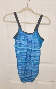 Free Country Woman Size M Blue Iris Green Striped Blouson Tankini Swim Top - Picture 1 of 7