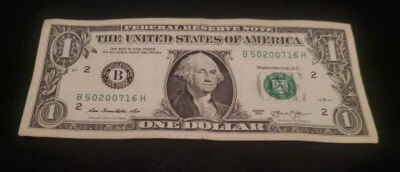 Fancy Serial $1 Dollar Bill OO7 & Birthday / Anniversary May 16, 2007 B50200716H - Image 1 of 4