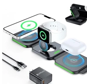 3 IN 1 TRAVEL FOLDING WIRELESS CHARGING STATION (COMPATIBLE iPhone 14 13 12 11) - Picture 1 of 3