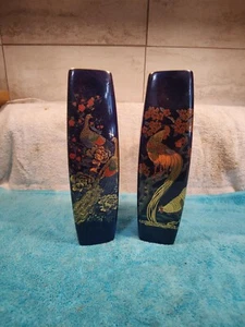 VINTAGE Twin JAPANESE INTERPUR VASES PHEASANT BIRD COBALT BLUE GOLD ORIENTAL VG+ - Picture 1 of 9