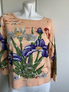 Take Two medium 3/4 sleeve peach Southwest beaded T-shirt boat neck floral