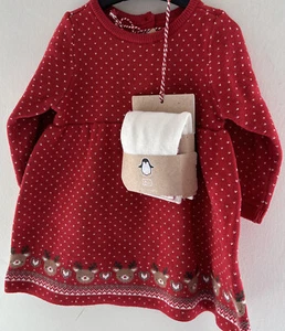 Mothercare 1-3 Months Red Rudolph The Red Nosed Reindeer Dress & Cream Tights - Picture 1 of 7