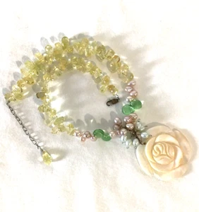 Vintage Abalone Carved Rose Charm Glass Crystal Beads Pastels Statement 16" +2" - Picture 1 of 11