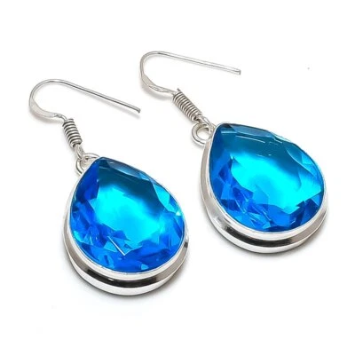 Pendientes colgantes de piedras preciosas con forma de pera topacio azul Londres 1,8" MXE 5420 Foto 1 de 4