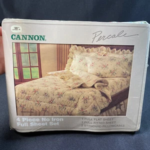Vintage Cannon Percale 4pc Full Sheet Set Beautiful Floral Print 180 Threads 80s - Picture 1 of 5