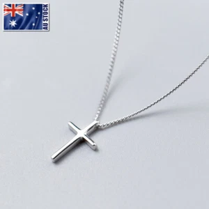 Genuine 925 Sterling Silver Plain Jesus Cross Crucifix Pendant Necklace Women's - Picture 1 of 12