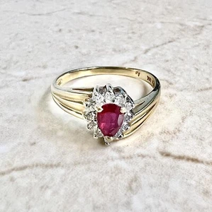 14K Vintage Ruby & Diamond Halo Ring - Gold Ruby Ring - Ruby Engagement Ring - Picture 1 of 8