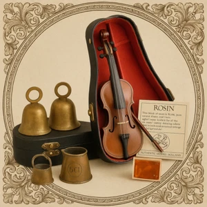 “Vintage Mini Violin w/ Case + Brass Bells + Metal Cup – Eclectic Shelf Decor” - Picture 1 of 15