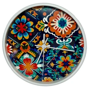 Vibrant Floral Mexican Tile Print Wall Hanging Clock - Imagen 1 de 6
