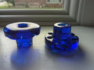 Vintage Cobalt Blue Glass Candle Stick Holders Round Hand Blown 2pc Rare Sweden? - Picture 1 of 22