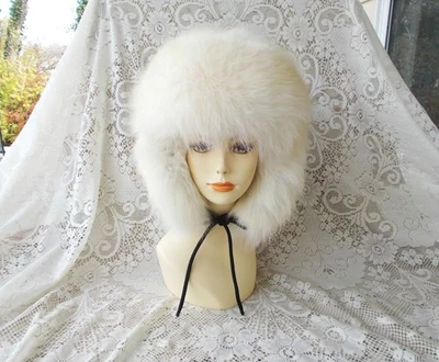 Винтажная плюшевая универсальная белая шапка из меха арктической лисы с хвостовыми ушными клапанами и галстуками 24 дюйма - Изображение 1 из 4