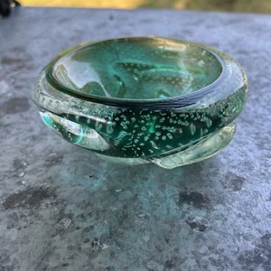 Murano Adventurine Art Glass Gold Green Bowl MCM Bubbles Unmarked Heavy - Picture 1 of 6