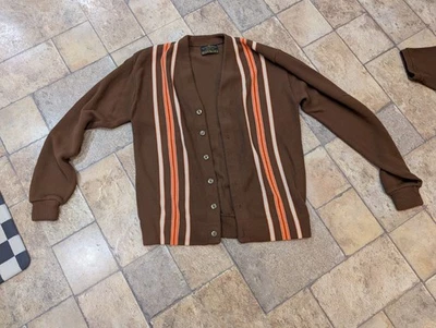 Vintage 1970s Sears The Men’s Store Knit Polo Shirt Brown Striped Orlon Acrylic - Image 1 of 4