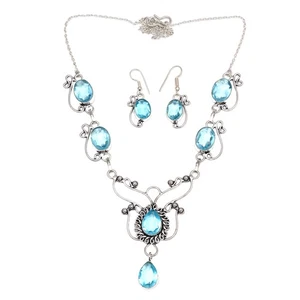 Swiss Blue Quartz Gemstone Jewelry Necklace Set 16-18'' - Bild 1 von 9