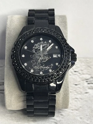 Ed Hardy Black Rose Crystal Watch Womens Rhinestone Bezel Date Dial Untested - Image 1 of 4
