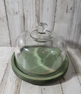 Cúpula de queijo de vidro vintage com base verde de madeira Cloche decoração rústica de fazenda - Imagem 1 de 4