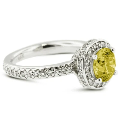 Anillo de piedras laterales halo platino diamantes extraídos tierra redonda SI1 amarillo de 1,84 quilates Foto 1 de 4