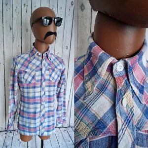 Dagger Collar Shirt Blue Check Cotton -Medium SKINNY- Vintage Disco CS39s - Picture 1 of 16