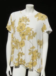 CYNTHIA ROWLEY US 1X 2X Ivory Yellow Floral 100% Linen Jersey T Shirt Top Button - Picture 1 of 6
