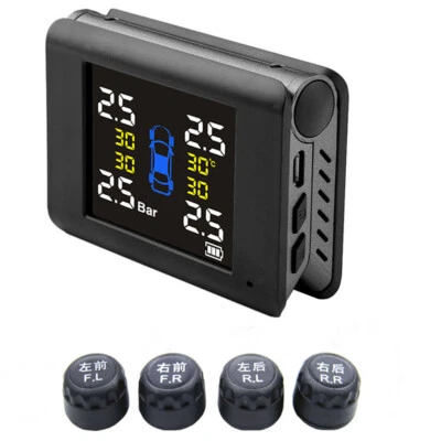 Solar USB TPMS Car Wireless Tire Temp Pressure LCD Monitoring System 4 Sensors - Image 1 of 4