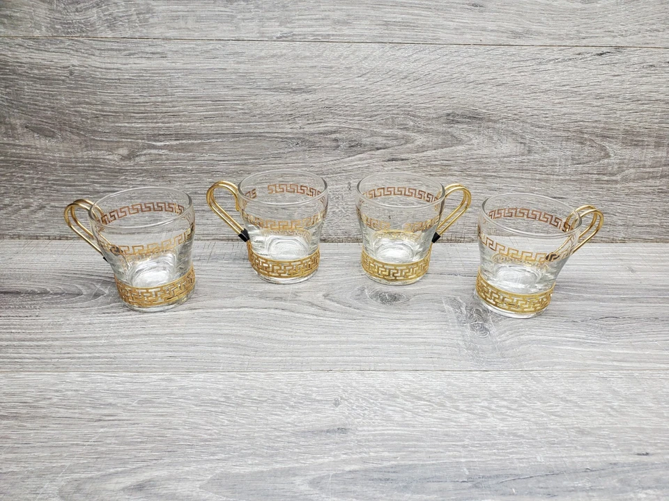 Винтажный Libbey 1960-х греческий набор из 4 ключей стеклянная чашка кружка металл с ручками барная стойка - Изображение 1 из 4