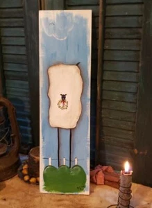 Hand Painted Wood Sheep Sign Wall Hanger Farmhouse Primitive Terrye French - Picture 1 of 5