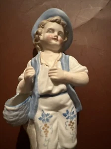 antique bisque / porcelain figurine boy blue basket and hat, 7.25”  German? - Picture 1 of 6