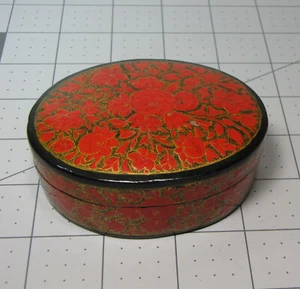Kaschmir Lack Schmuckkästchen Pappmaché oval schön rot floral Handarbeit - Bild 1 von 6