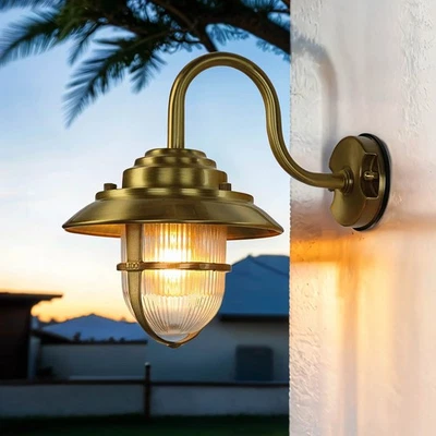 Maritime Außen Leuchte Messing Riffelglas IP64 rostfreie Wand Lampe Balkon Hof - Bild 1 von 4