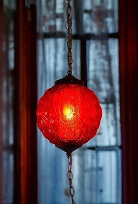 Vintage Swag Lamp Red Glass Globe Mid Century Ceiling Chain  - Image 1 of 4
